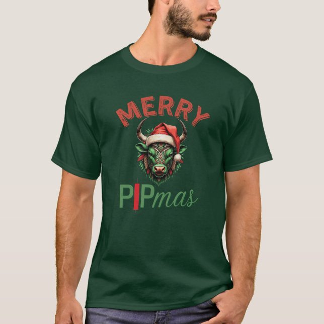 Merry PIPmas Trading Bull Christmas Design – Funny T Shirt (Framsida)