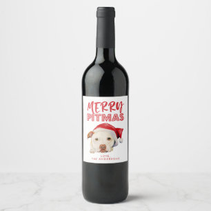 Merry Pitmas Cute Santa Pit Bull Dog jul Vinflaska Etikett
