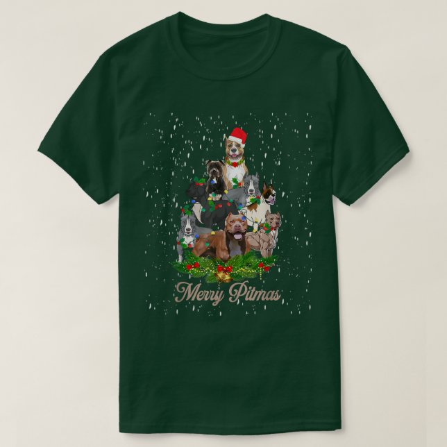 Merry Pitmas Funny Pitbull Hund Ugly Julgran T Shirt (Design framsida)