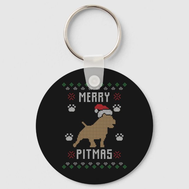 Merry Pitmas Funny Ugly jul Sweater Pit Bull Nyckelring (Framsida)