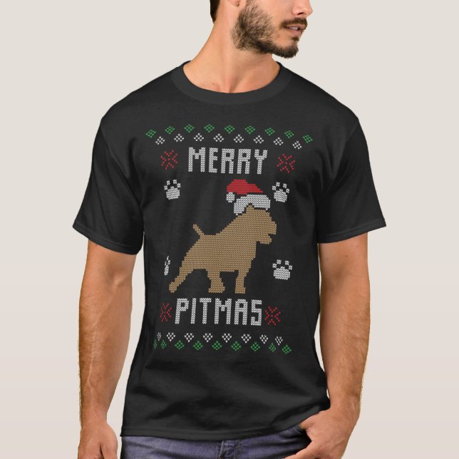 Merry Pitmas Funny Ugly jul Sweater Pit Bull T Shirt (Framsida)