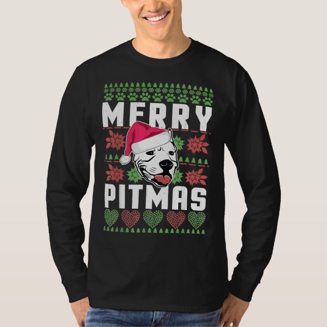 Merry Pitmas Hund älskare Pitbull jul T Shirt (Framsida)