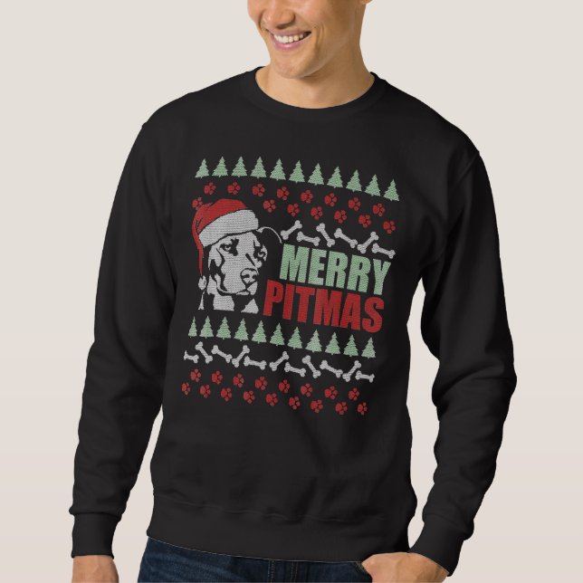 Merry Pitmas Pitbull Hund Funny Ugly God jul Lång Ärmad Tröja (Framsida)