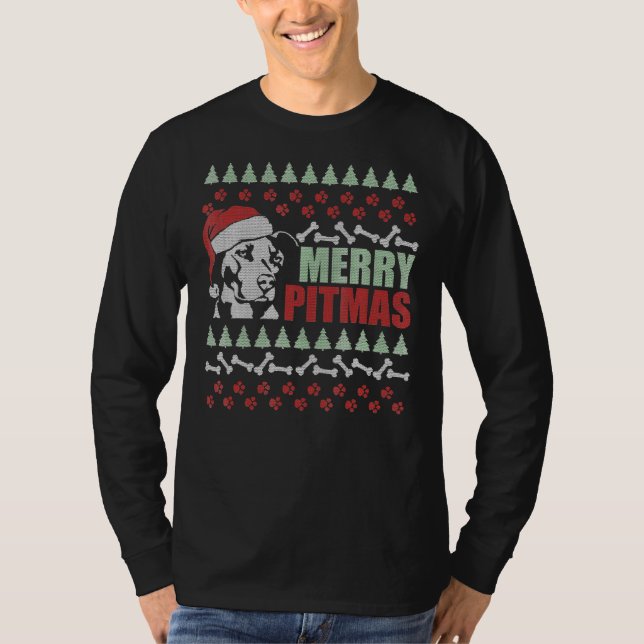 Merry Pitmas Pitbull Hund Funny Ugly God jul T Shirt (Framsida)