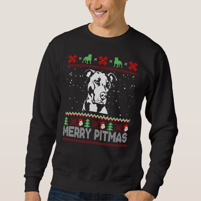 Merry Pitmas Pitbull Hund Ugly Sweater for Hund Lång Ärmad Tröja (Framsida)