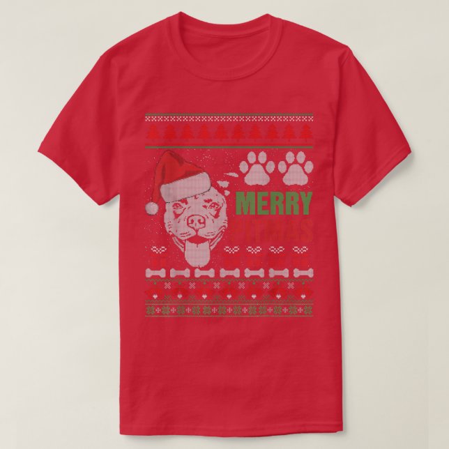Merry Pitmas Pitbull Hund Ugly Sweater Jul Th T Shirt (Design framsida)