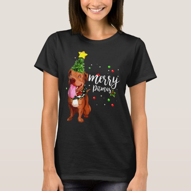 Merry Pitmas Pitbull Julgran T Shirt (Framsida)