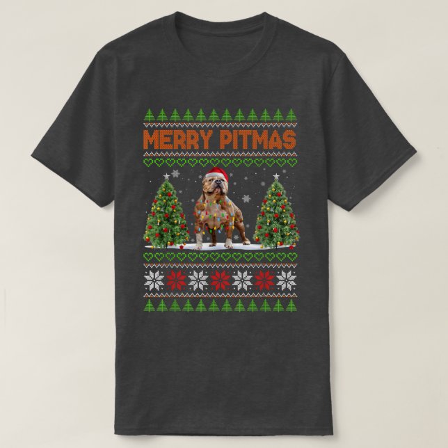 Merry Pitmas Pitbull Jultomten Hund ugly Christma T Shirt (Design framsida)
