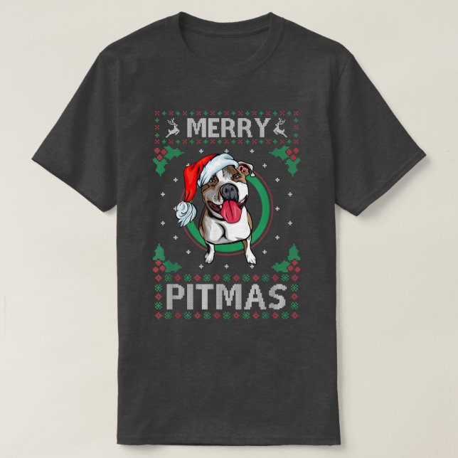 Merry Pitmas Pitbull Jultomten Hund ugly Christma T Shirt (Design framsida)