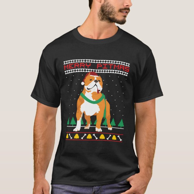 Merry Pitmas Pitbull Jultomten Hund ugly Christma T Shirt (Framsida)