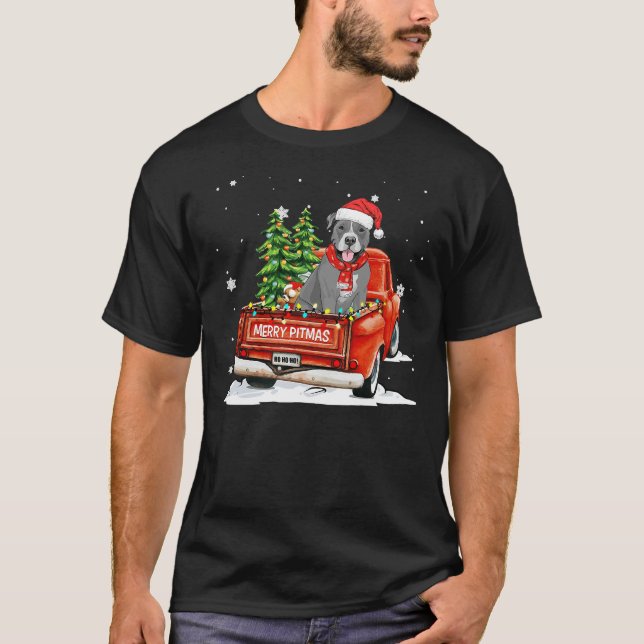 Merry Pitmas Pitbull Pickupare Lastbil T Shirt (Framsida)