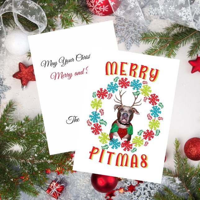 Merry Pitmas Pitbull Reindeer Helgkort (Merry Pitmas Pitbull Reindeer Holiday Card)