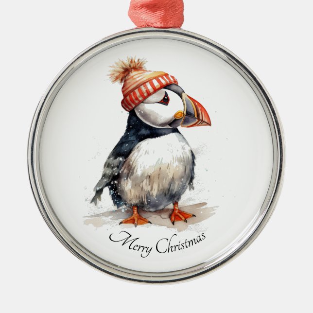 Merry Puffin, anpassningsbar Julgransprydnad Metall (Framsidan)