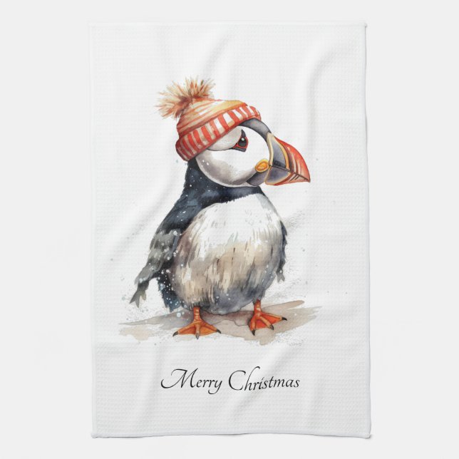 Merry Puffin, anpassningsbar Kökshandduk (Vertikal)