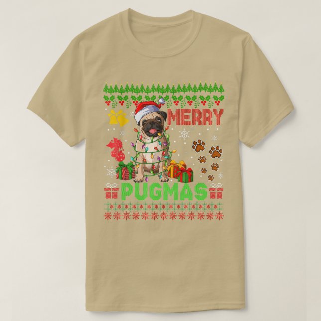 Merry Pugmas Christmas Lights Santa Pug Dog Family T Shirt (Design framsida)