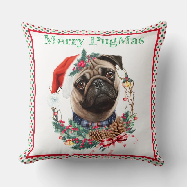 Merry PugMas - Cute Pug Wearing Santa Hat Kudde (Framsida)