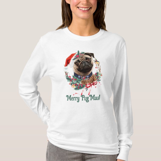 Merry PugMas - Cute Pug Wearing Santa Hat T Shirt (Framsida)