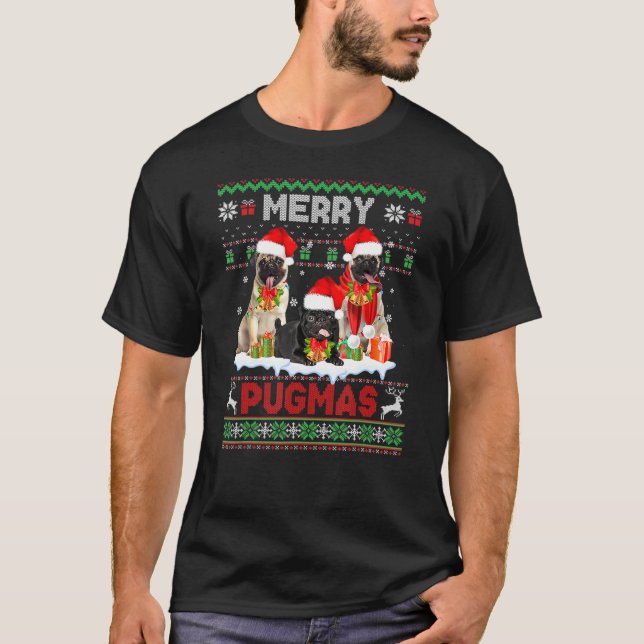 Merry Pugmas jul Ugly Sweater Pug Family Pa T Shirt (Framsida)