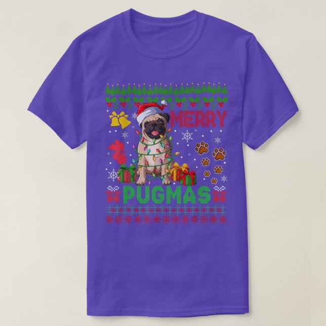 Merry Pugmas-julfamiljen Ljus Santa Pug Hund T Shirt (Design framsida)