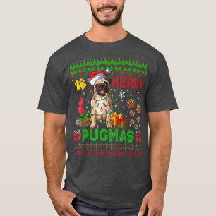 Merry Pugmas-julfamiljen Ljus Santa Pug Hund T Shirt