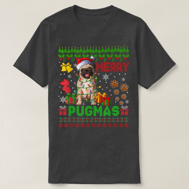 Merry Pugmas-julfamiljen Ljus Santa Pug Hund T Shirt (Design framsida)