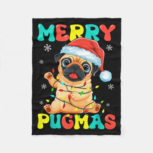 Merry Pugmas Pug Christmas Santa Pug Xmas Lights D Fleecefilt (Framsidan)