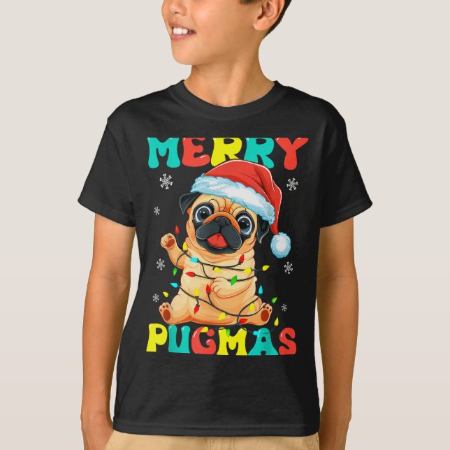 Merry Pugmas Pug Christmas Santa Pug Xmas Lights D T Shirt (Framsida)