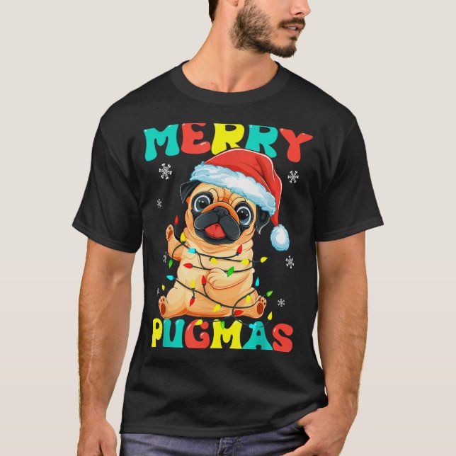 Merry Pugmas Pug Christmas Santa Pug Xmas Lights D T Shirt (Framsida)