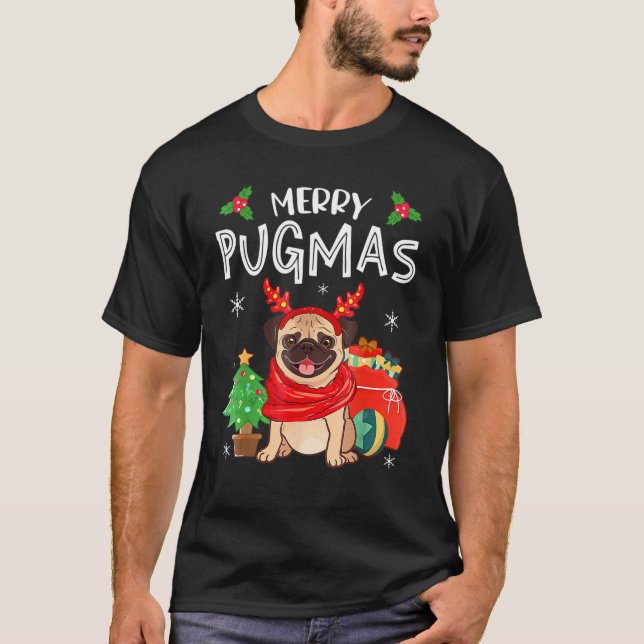 Merry Pugmas Pug Hund jul Julafton Funny T Shirt (Framsida)