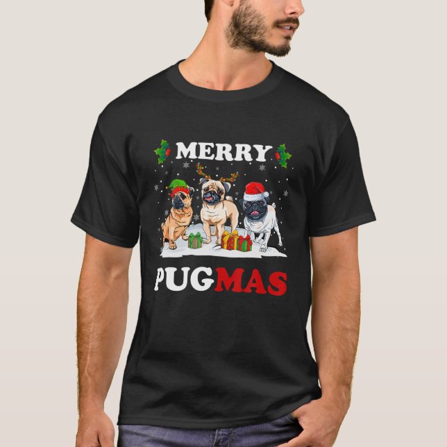 Merry Pugmas Santa Elf Reindeer Pug Hundar Julafto T Shirt (Framsida)