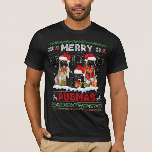 Merry Pugmas Ugly Sweater jul Pug Hund älskare T Shirt (Framsida)