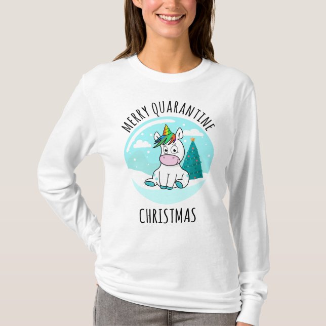 Merry Quarantine jul Unicorn T Shirt (Framsida)