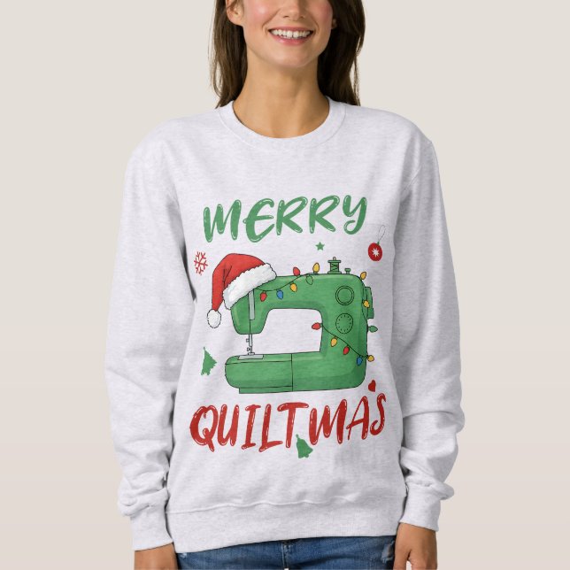 Merry Quiltmas Christmas Sewing Machine Funny Xmas T Shirt (Framsida)