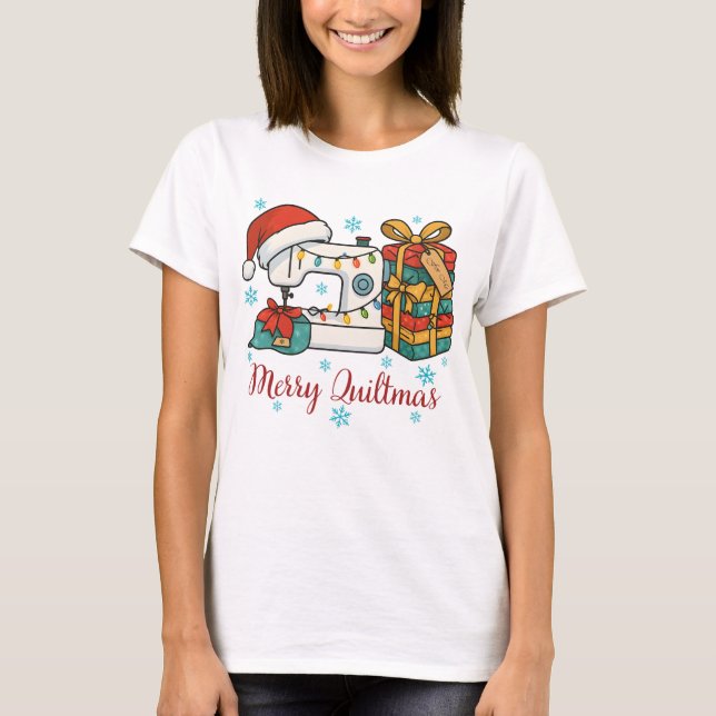 Merry Quiltmas Sewing Machine 6 T Shirt (Framsida)