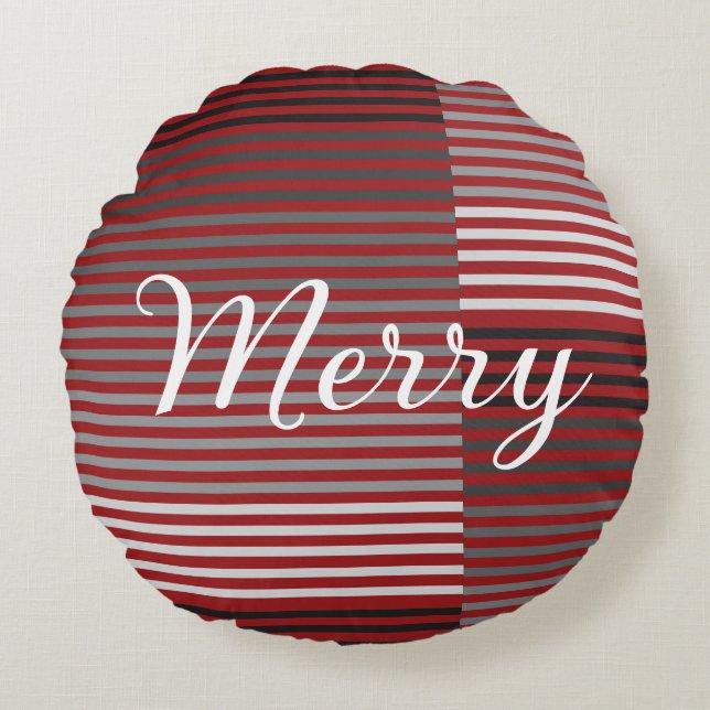 Merry -Red, Gray, Black, White Stripes Rund Kudde (Framsidan)