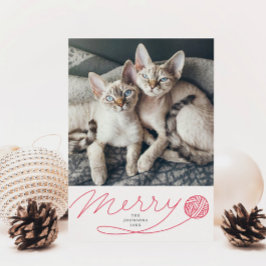 Merry Red Yarn Boll Cat Photo Julkort