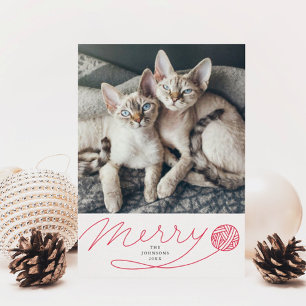 Merry Red Yarn Boll Cat Photo Julkort