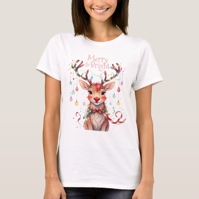 Merry Reindeer Rudolph och jul Ljus T Shirt (Framsida)