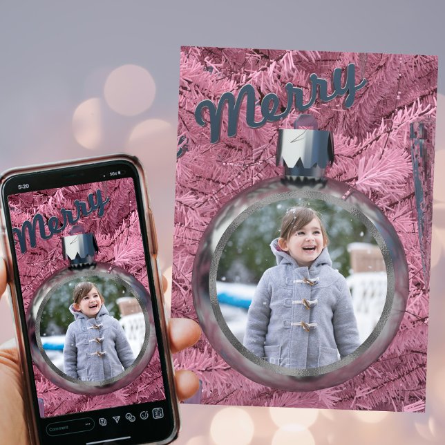 Merry Rosa Bauble jul-Helgdag-fotokort Julkort (Dreaming of a pink Christmas? Just upload a family photo. Available as a digital download too)