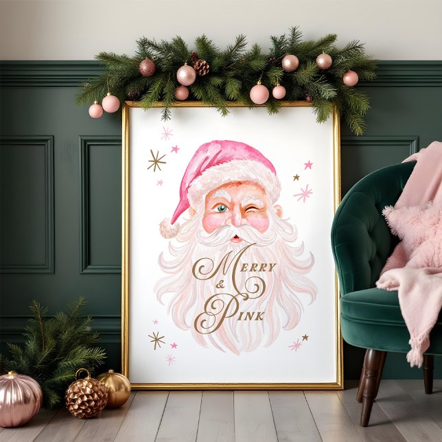 Merry & Rosa Classic jultomten Retro Rosa Santa Poster (Merry & Pink Classic Christmas Retro Pink Santa Poster)