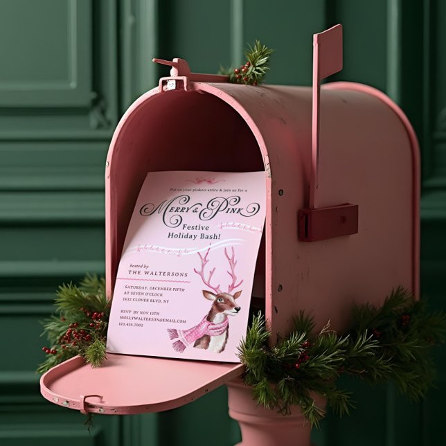 Merry & Rosa Roligt Helgdag Bash Reindeer Rosa Sca Inbjudningar (Merry & Pink Fun Holiday Bash Reindeer Pink Scarf Party Invitation)