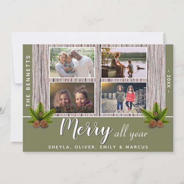 Merry Rustic Wood jul Family 4 Photo Collage Julkort (Framsida)
