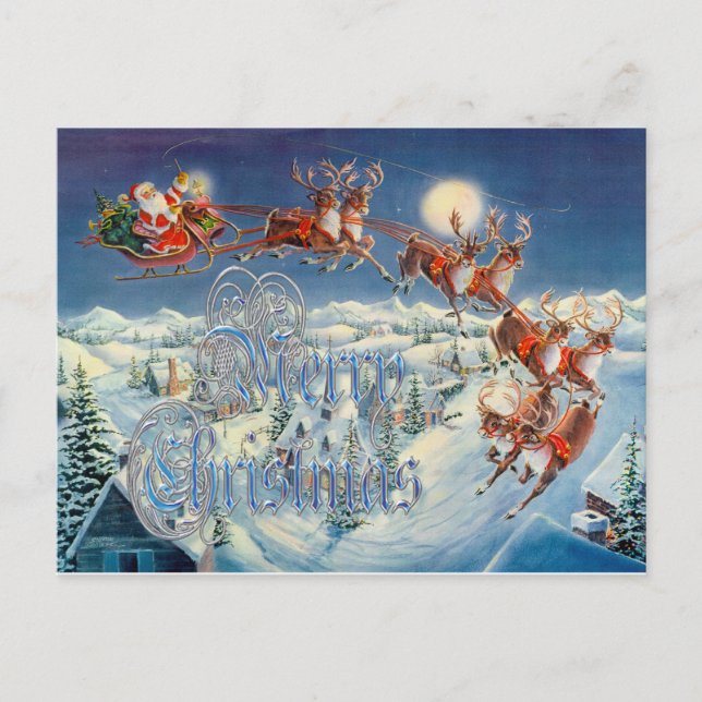 "MERRY SANTA, SLEIGH & REINDEER by SHARON SHARPE Helg Vykort (Framsida)