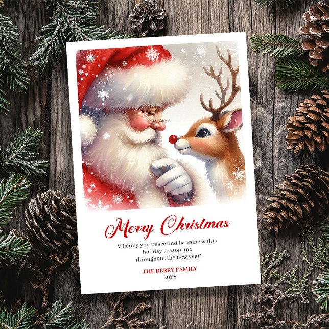 Merry Santa With Rudolph Sweet Holiday Greeting  Julkort (Merry Santa With Rudolph Sweet Holiday Greeting Card)