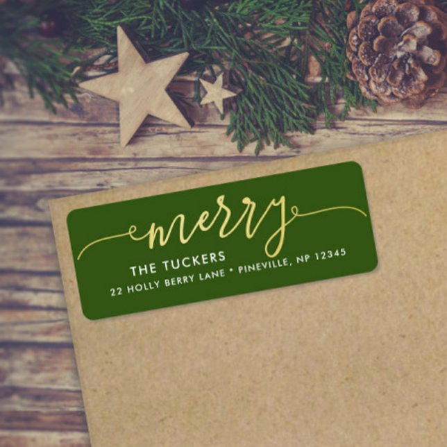 MERRY Script Gold Foil Grönt jul Adress Returadress Etikett (Skapare uppladdad)
