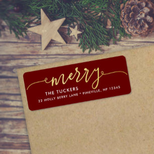 MERRY Script Gold Foil Mörk Red jul Adress Returadress Etikett
