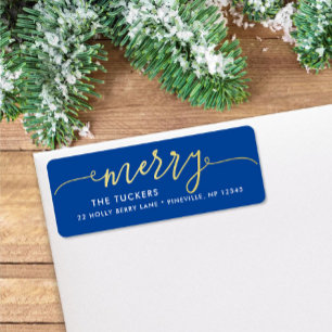MERRY Script Gold Foil på blå jul Adress Returadress Etikett