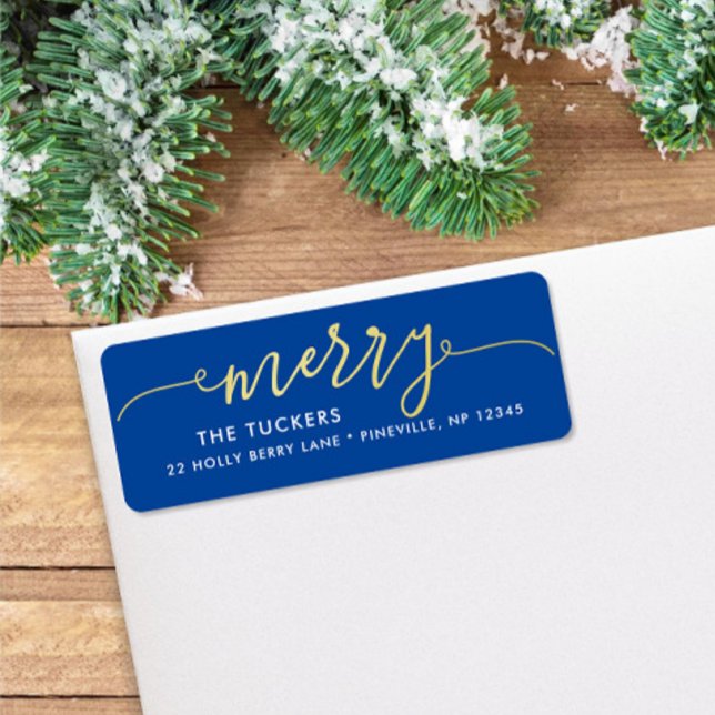 MERRY Script Gold Foil på blå jul Adress Returadress Etikett (Skapare uppladdad)