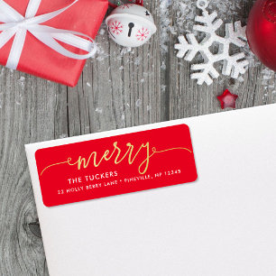 MERRY Script Gold Foil på Red jul Adress Returadress Etikett