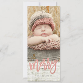 Merry Script Ro Gold Foil Rustic Wood Photo Julkort